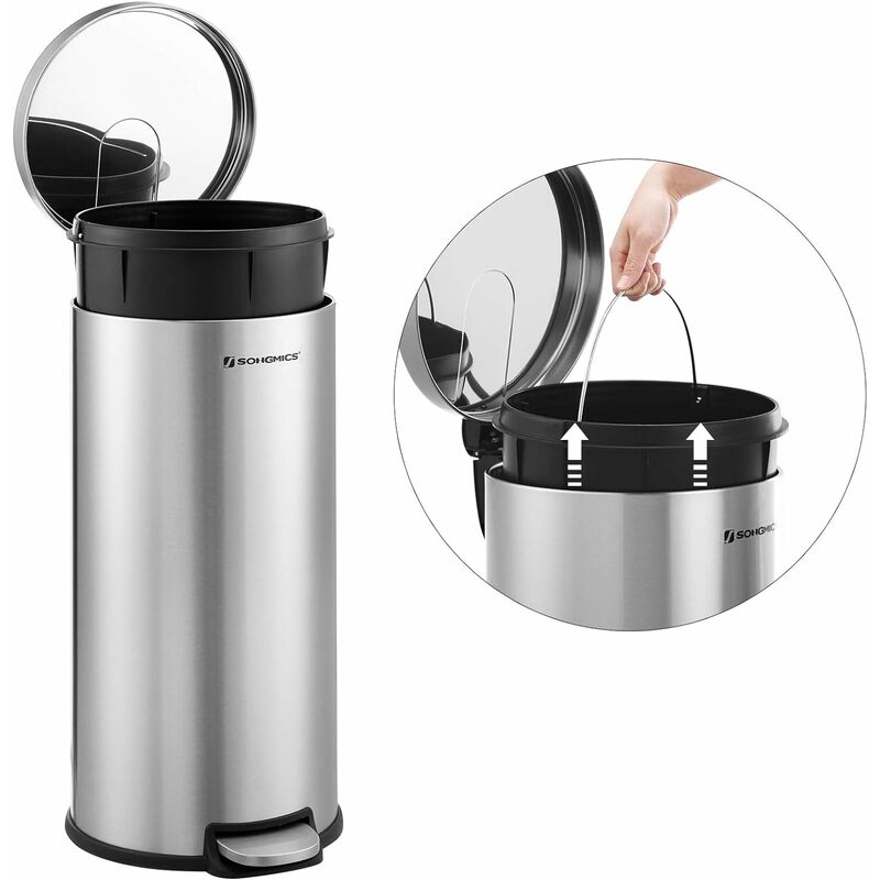 with Plastic Inner Bucket and Lid Silver LTB006E01 SONGMICS Rubbish Bin Soft Closure Office Living Room Fingerprint Proof for Kitchen 30L Pedal Trash Can 