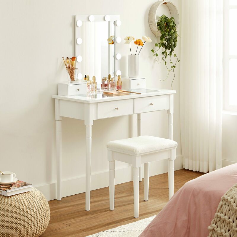 Makeup Table Set With Cushioned Stool, Mini White Vanity Table