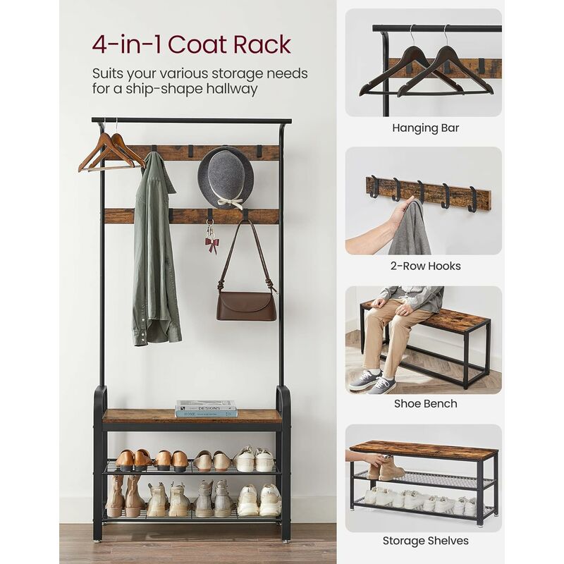 Grey Painted Wooden Hallway Storage Bench Unit with 4 Coat Hooks
