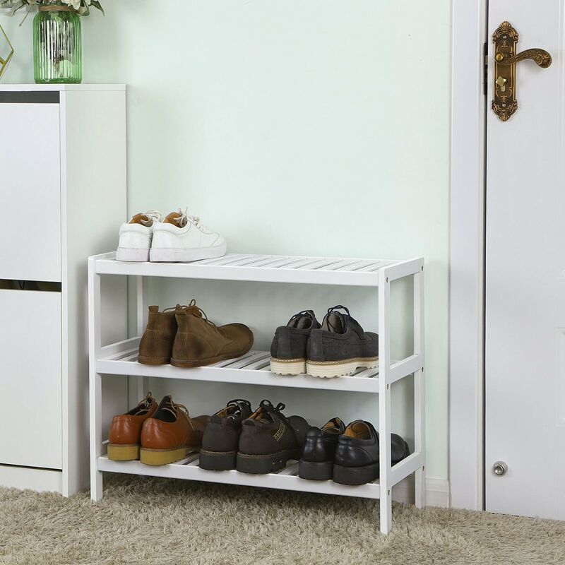 Costway Bamboo Shoe Rack Bench 3-Tier Storage Shelf Holder Home Entryway Hallway in White