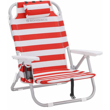 Beach Chair Portable, with Cooler Pocket, Bottle Holder, and Pillow, Foldable, Reclinable, Light, Durable, Outdoor Chair, Red and White Stripes GCB63BU