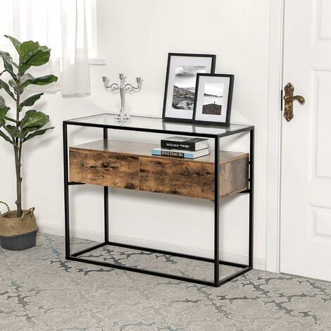 Vasagle Industrial Console Table Tempered Glass With 2 Drawers And Rustic Shelf Decoration Sideboard In Hallway Lounge Or Foyer Stable Iron Frame By Mics Lnt11bx Vasagle Industrial Console Table, Narrow Industrial Console Table With Drawers