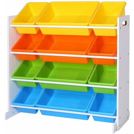 Children's Toy Storage Unit, Kid's Toy Organiser, Playroom Display Stand Unit with 12 Removable PP Container, 86 x 26.5 x 78 cm, Boxes in Candy Colour, White/