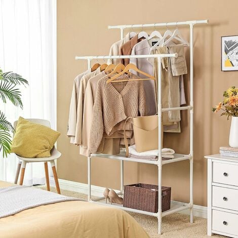 Clothes Rack, Metal Clothing Stand with 2 Hanging Rails and 2 Storage ...