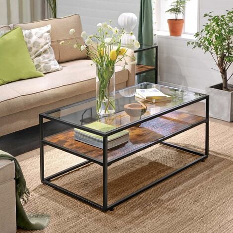 Coffee Table Cocktail Table With Tempered Glass Top Stable Steel Frame Living Room Decoration Rustic Brown