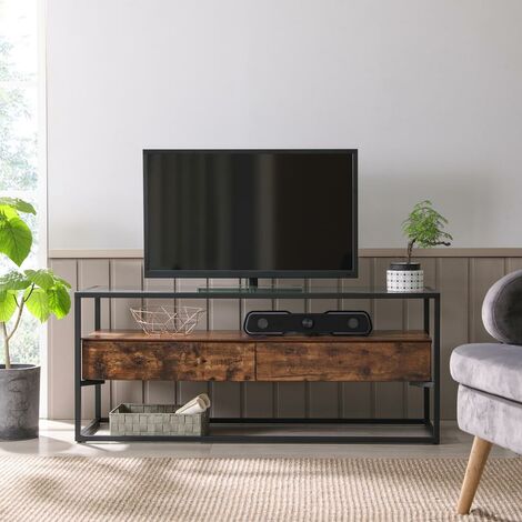 VASAGLE TV Cabinet for up to 55-Inch TVs, TV Console with 2 Drawers, TV Stand, Tempered Glass Top, Stable, for Living Room Bedroom, Industrial Style, Rustic Brown and Black by SONGMICS LTV051B01 - Rustic Brown and Black