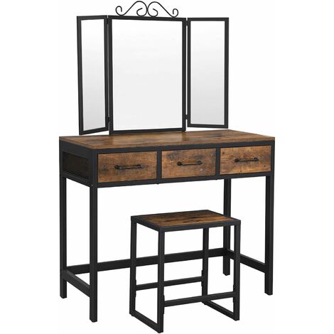 VASAGLE Vanity Table and Stool Set, Dressing Table with Tri-Fold Mirror, 3 Drawers, Makeup Table with Steel Frame, Industrial Style, Rustic Brown and Black by SONGMICS RVT02BX - Rustic Brown and Black
