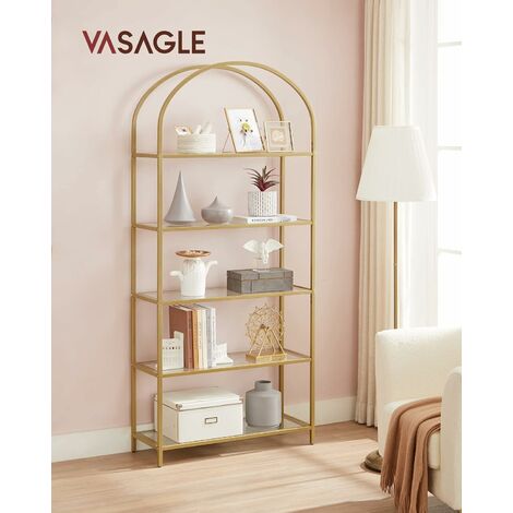 VASAGLE 5-Tier Storage Shelf, Tempered Glass, Bookcase with Arch Design, Robust Steel Structure, for Living Room Bedroom Studio, Gold Colour by SONGMICS LGT050A01 - Gold Colour