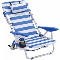 Portable Beach Chair with Removable Headrest, Folding Beach Chair with Backrest, Adjustable Backrest Up to 180°, with Cup Holder and Pocket, Blue and White Stripes, GCB62BU