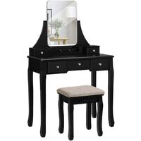 VASAGLE Dressing Table Set with Large Frameless Mirror, Makeup Table for Bedroom, Bathroom, 5 Drawers and 1 Removable Storage Box, Cushioned Stool, Black by SONGMICS RDT25BK
