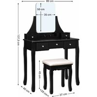 VASAGLE Dressing Table Set with Large Frameless Mirror, Makeup Table for Bedroom, Bathroom, 5 Drawers and 1 Removable Storage Box, Cushioned Stool, Black by SONGMICS RDT25BK