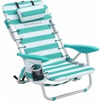 Portable Beach Chair with Removable Headrest, Folding Beach Chair with Backrest, Adjustable Backrest Up to 180°, with Cup Holder and Pocket, Green and White Stripes GCB62JW - Green and White Stripes