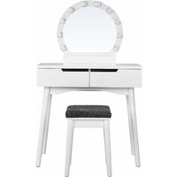 VASAGLE Dressing Table Set with Mirror and Light Bulbs for Makeup, Vanity Table with 2 Large Sliding Drawers and Cushioned Stool, White by SONGMICS RDT011W03 - White