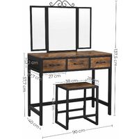 VASAGLE Vanity Table and Stool Set, Dressing Table with Tri-Fold Mirror, 3 Drawers, Makeup Table with Steel Frame, Industrial Style, Rustic Brown and Black by SONGMICS RVT02BX - Rustic Brown and Black