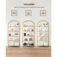 VASAGLE 5-Tier Storage Shelf, Tempered Glass, Bookcase with Arch Design, Robust Steel Structure, for Living Room Bedroom Studio, Gold Colour by SONGMICS LGT050A01 - Gold Colour
