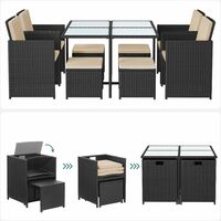 Garden Furniture Set Dining Table and Chairs, Set of 9 PE Rattan Outdoor Patio Furniture, Dining Furniture, Glass Top Coffee Table, with Cushions, Space-Saving, Black and Beige GGF091B02 - Black and Beige