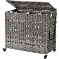SONGMICS Handwoven Laundry Basket with Lid, Rattan-Style Laundry Hamper with 3 Separate Compartments, Handles, Removable Liner Bags, for Living Room, Bathroom, Laundry Room, Grey LCB083G02
