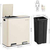 SONGMICS Double Rubbish Bin, 2 x 30L Waste and Recycling Kitchen Bin with  15 Rubbish Bags, Metal Pedal Bin, Plastic Inner Buckets and Hinged Lids,  Handles, Soft Closure, Airtight, Black LTB60BK: Buy