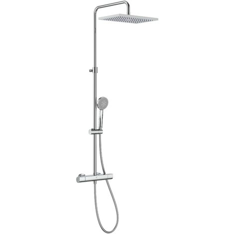 Columna de ducha termostática Roca T-Square cromado – Altura regulable 800-1175 mm – Rociador 360x240 mm – Ducha de mano 3 funciones (1/4)