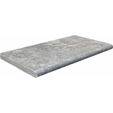 Margelle travertin 3cm – Silver – 33x61cm bord rond vieilli – Pour tours de piscine et escaliers extérieurs