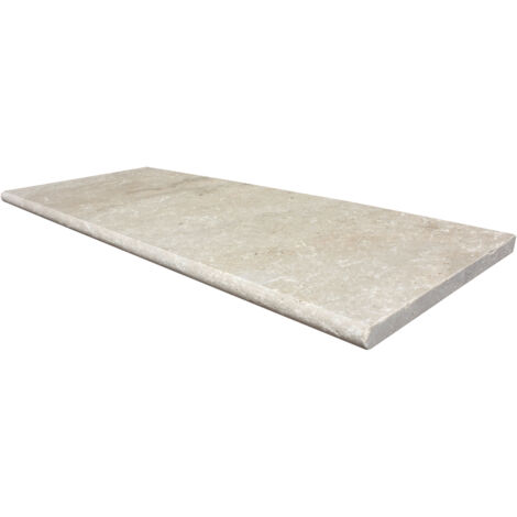 Margelle travertin 1er choix crème 50x120x3cm – Bord rond vieilli – Pour tours de piscine et escaliers – Colle flexible recommandée