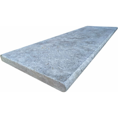 Margelle en travertin silver 33x100x3cm – Bord rond vieilli – Pour tours de piscine et escaliers – Vendu à l'unité