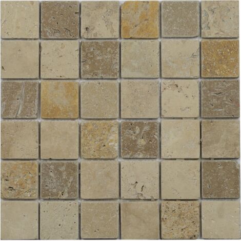 Mosaïque Travertin Premier choix - 3 Couleurs - Vieilli - 4,8x4,8x1cm
