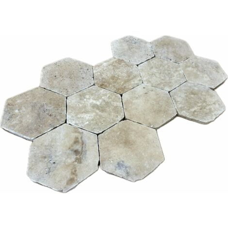 Faïence travertin crème 15x15x1,2cm hexagone – Vieilli – Pour revêtement mural et sol – 1 m² par boîte