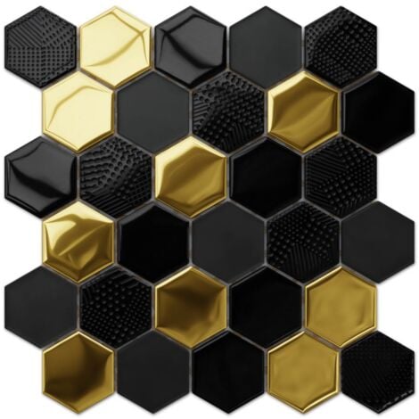 Mosaïque de verre hexagonale sur maille pour salle de bain ou cuisine 25.5 cm x 24.7 cm - Gold lava