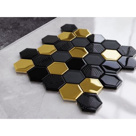 Mosaïque de verre hexagonale sur maille pour salle de bain ou cuisine 25.5 cm x 24.7 cm - Gold lava