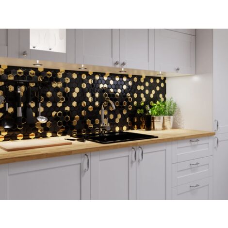 Mosaïque de verre hexagonale sur maille pour salle de bain ou cuisine 25.5 cm x 24.7 cm - Gold lava