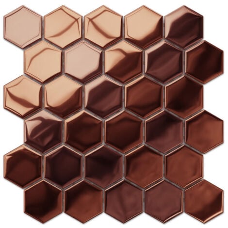 Mosaïque de verre hexagonale sur maille pour salle de bain ou cuisine 25.5 cm x 24.7 cm - Copper exagon