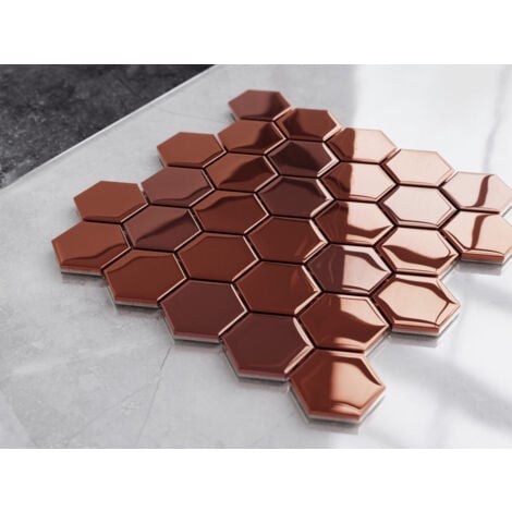 Mosaïque de verre hexagonale sur maille pour salle de bain ou cuisine 25.5 cm x 24.7 cm - Copper exagon