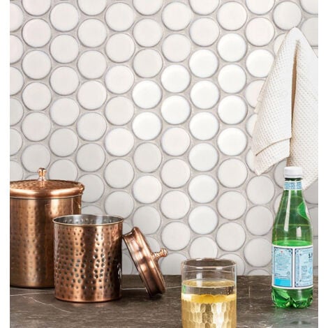 Mosaïque en céramique sur maille pour salle de bain ou cuisine 30.6 cm x 26.5 cm - White dots