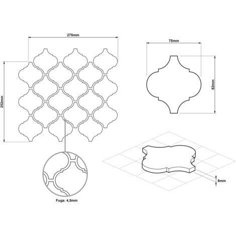 Mosaïque en céramique sur maille pour salle de bain ou cuisine 27.5 cm x 25.2 cm - Grey arabesque