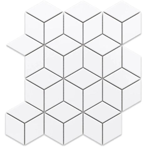 Mosaïque en céramique sur maille pour salle de bain ou cuisine 30.5cm x 26.5cm - White Geometric Cubes