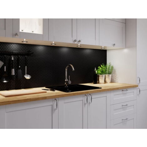 Mosaïque en céramique sur maille pour salle de bain ou cuisine 31.7cm x 29.3cm - Black Dots