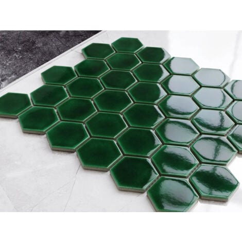 Mosaïque en céramique sur maille pour salle de bain ou cuisine 32.3cm x 27.7cm - Deep Green