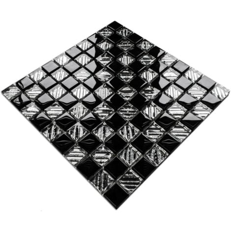 Mosaïque de verre sur maille pour salle de bain ou cuisine 30 cm x 30 cm - Black chess
