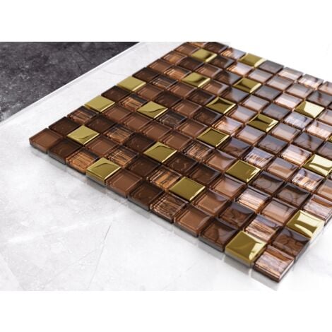 Mosaïque de verre sur maille pour salle de bain ou cuisine 30 cm x 30 cm – Azteca Gold