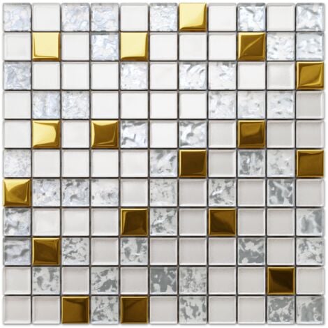 Mosaïque de verre sur maille pour salle de bain ou cuisine 30 cm x 30 cm - Frozen gold