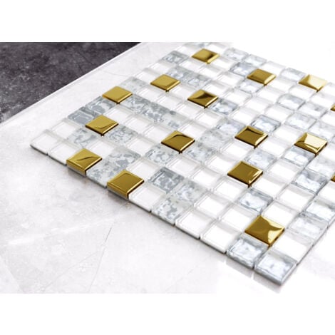 Mosaïque de verre sur maille pour salle de bain ou cuisine 30 cm x 30 cm - Frozen gold