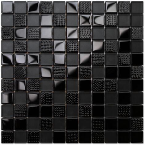 Mosaïque de verre sur maille pour salle de bain ou cuisine 30 cm x 30 cm - Carbon