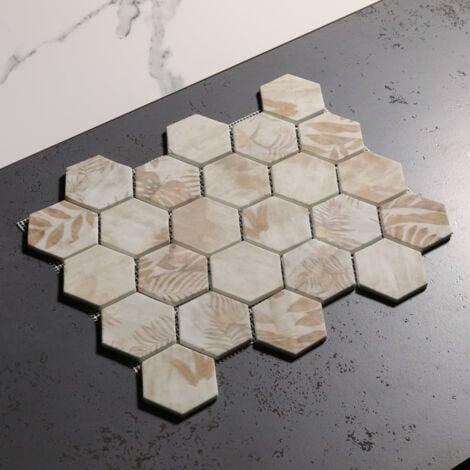 Mosaïque de verre sur maille pour salle de bain ou cuisine 43.5cm x 34.5cm  - Botanic Beige Graden Matt