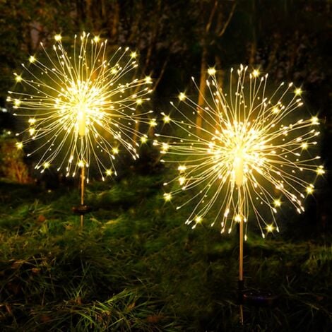 Solarleuchten für den Außenbereich, Solar-Feuerwerk, IP65 wasserdicht, 8 Modi, Solar-Löwenzahnlicht für Wege, Rasen, Terrasse, Hofdekoration – (2 Stück 120 LEDs/Warmweiß)