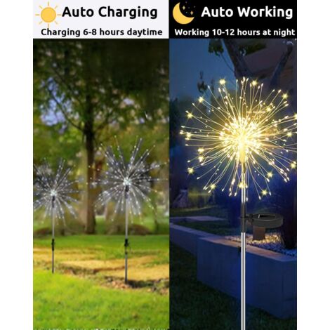 Solarleuchten für den Außenbereich, Solar-Feuerwerk, IP65 wasserdicht, 8 Modi, Solar-Löwenzahnlicht für Wege, Rasen, Terrasse, Hofdekoration – (2 Stück 120 LEDs/Warmweiß)