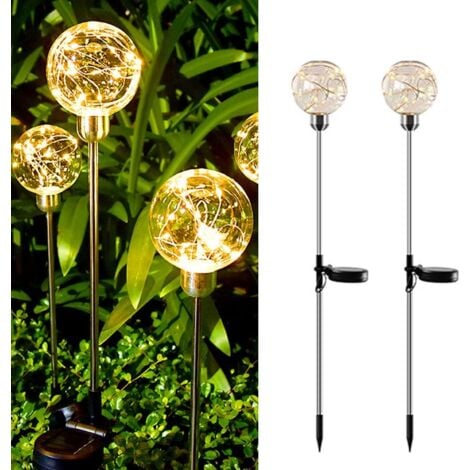 Solar-Schilfkugelleuchte, Gartenleuchte für den Außenbereich, Kupferdraht-LED-Rasenlampe, wasserdichte dekorative Straßenlaterne mit Pfahl (2er-Pack/Warmweiß)