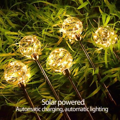 Solar-Schilfkugelleuchte, Gartenleuchte für den Außenbereich, Kupferdraht-LED-Rasenlampe, wasserdichte dekorative Straßenlaterne mit Pfahl (2er-Pack/Warmweiß)