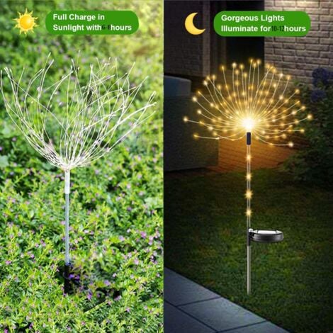 Solar-Gartenleuchten für den Außenbereich, IP65 wasserdichte Solar-Feuerwerkslichter, dekorative Außenbeleuchtung für Hof, Terrasse, Rasen, Party, Balkon, Muttertag (2 Stück 120 LEDs/Warmweiß)
