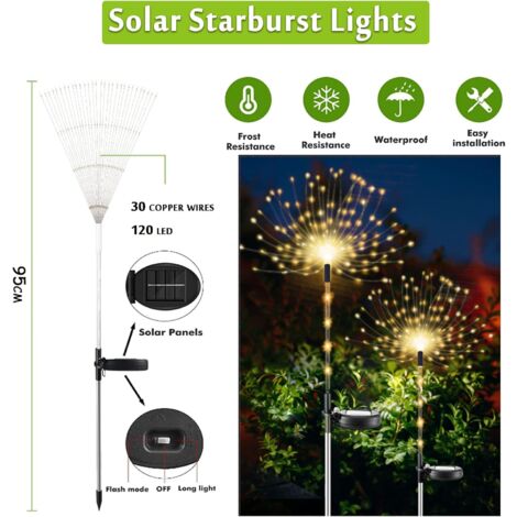 Solar-Gartenleuchten für den Außenbereich, IP65 wasserdichte Solar-Feuerwerkslichter, dekorative Außenbeleuchtung für Hof, Terrasse, Rasen, Party, Balkon, Muttertag (2 Stück 120 LEDs/Warmweiß)